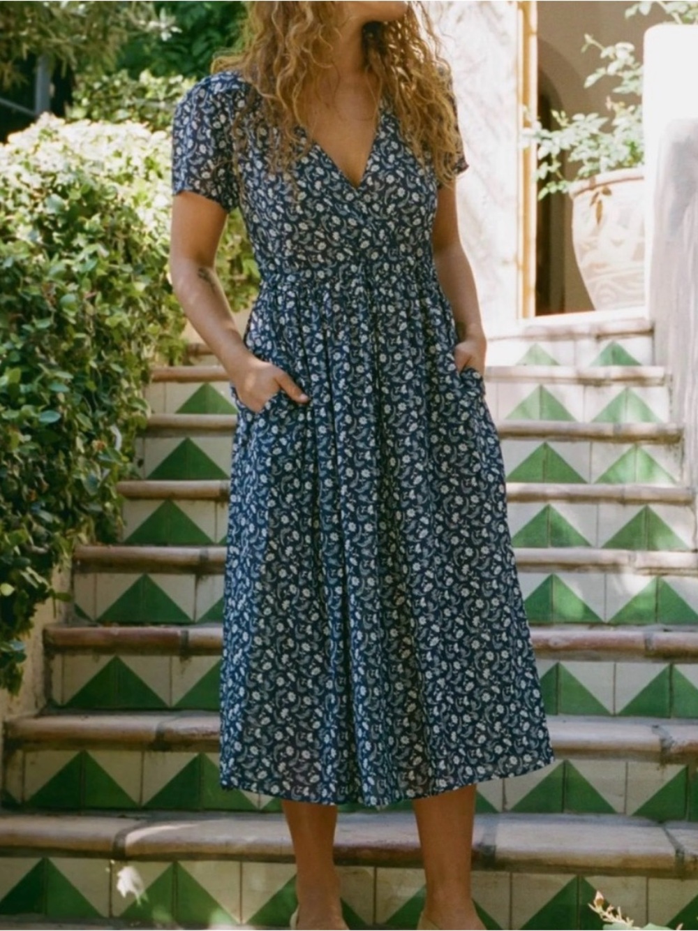 Christy Dawn Navy Blue Floral Midi Dress with V-Neck
